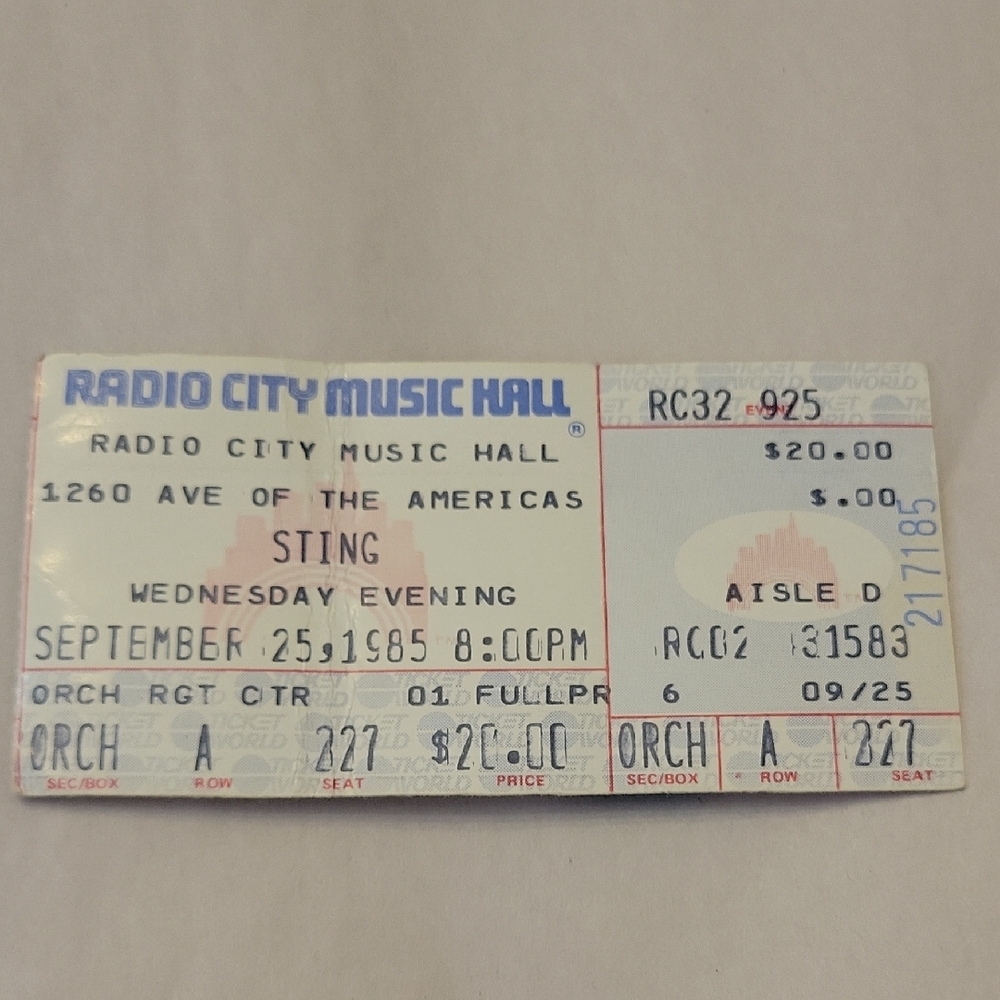 Sting /Vintage Radio City Music Hall Concert Ticket